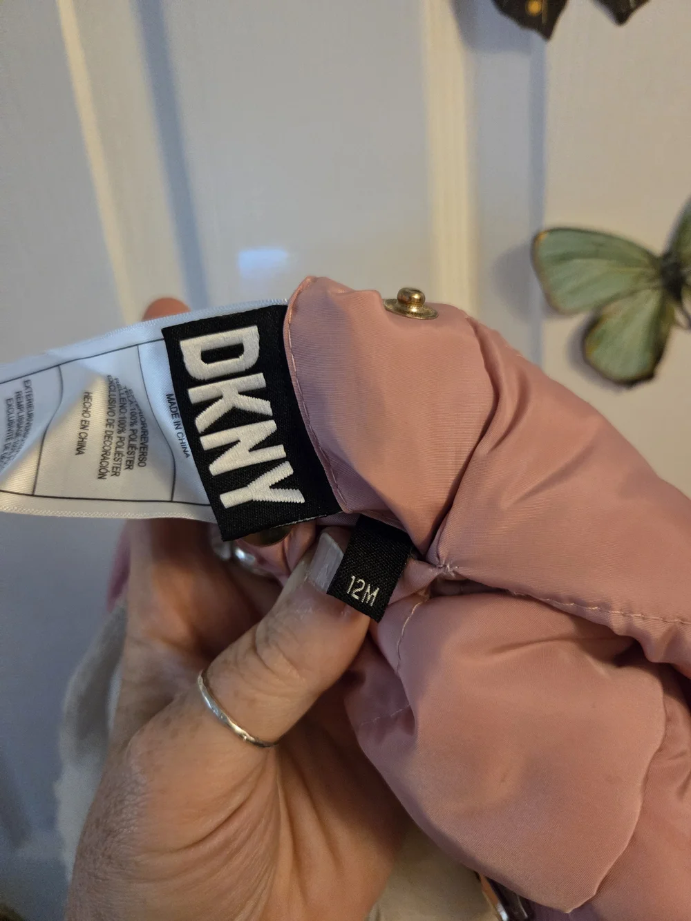 DKNY Pink Puffer Jacket w Faux Fur Lining Girls 12m Hooded reversible Runs Big